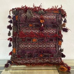 vintage Persian wool decorative pillow / tapestry carpet fringe tassel ethnic