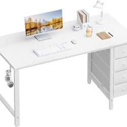The
Lufeiya White Computer Desk with Drawers - 55 Inch Long Study Work Writing Desk for Home Office Bedroom, Simple Modern Cute PC Desks with Fabric D