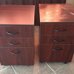 2 Dark Wood 3-Drawer Filing Cabinets with Wheels