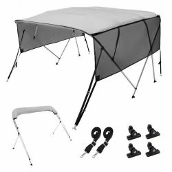 3# 4 Bow Bimini Top Boat Cover, Detachable Mesh Sidewalls, 600D Polyester Canopy with 1" Aluminum Alloy Frame, Includes Storage Boot, 2 Straps, 2 Supp