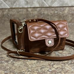 Brown Quilted Phone Case Wallet with Strap