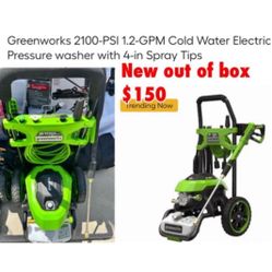 New out of box Greenworks 2100-PSI 1.2-GPM Cold Water Electric Pressure washer with 4-in Spray Tips $150 cash only East Palmdale 