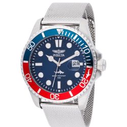 Invicta Silver Mesh Watch with Blue and Red Bezel Pepsi Watch Mens