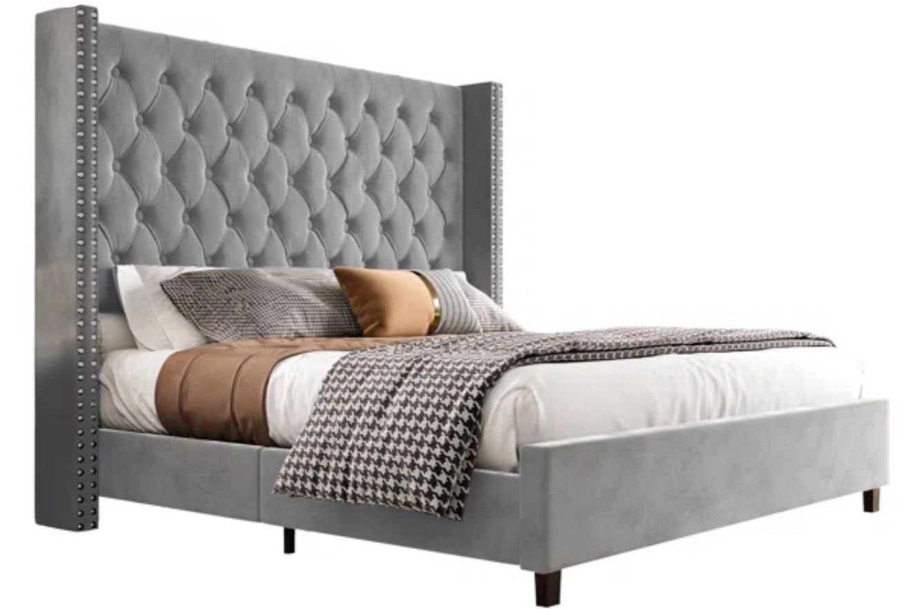 Upholstered King Size Tufted Bed (Grey)