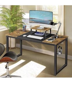 55" Large Computer Desk with Movable Monitor Stand & Strong Legs, Modern Desk with Splice Board, Simple Writing Desk for Work/Study/Home/Gaming/Office