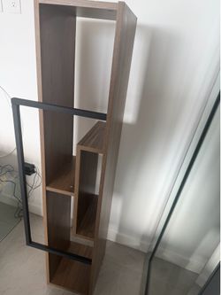 Modern asymmetrical wood and metal tv stand / bookshelf