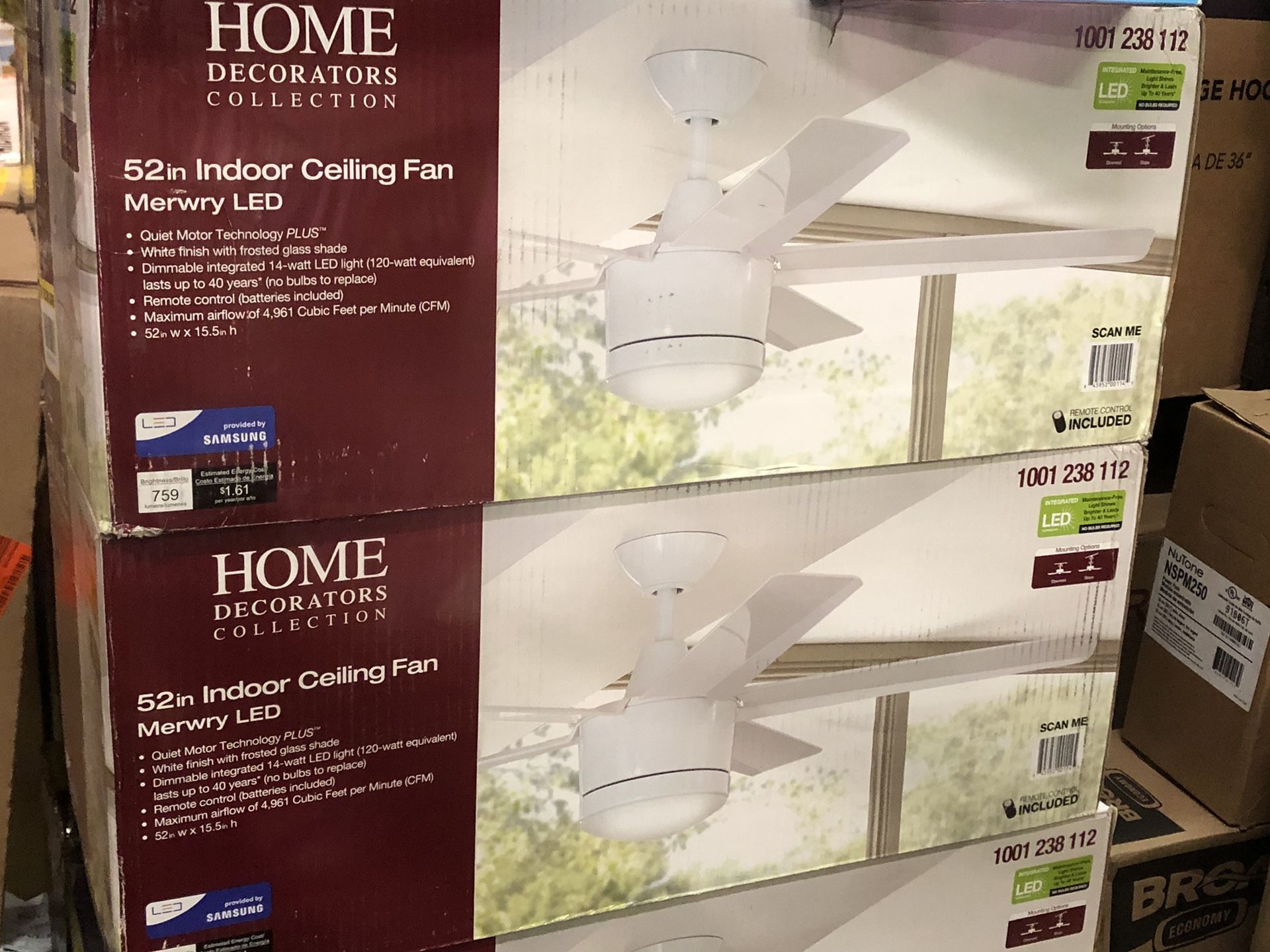 Home Decorators Collection Merwry 52 in. Integrated LED Indoor White Ceiling Fan with Light Kit and Remote Control- NEW IN BOX