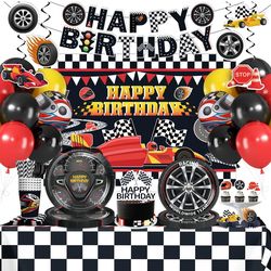 218Pcs Race Car Birthday Party Decorations Tableware Set Serve 25, All-in-1 Cars Birthday Decorations Includes Backdrop Banner Plates Tablecloths Cake