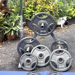 SET  OF  OLYMPIC  FITNESS  GEAR  {Easy Grip} PLATES (PAIRS OF)  : 35s  25s  10s  5s  2.5s  +  NEW  6  FOOT  BAR  &  PLATE  &  BAR  HOLDER 