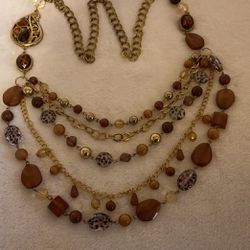 30” Goldtone Multi- Strand Amber Beaded Necklace 