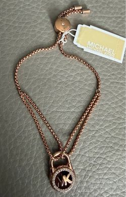 New Michael Kors Rose Gold Boxchain Pave Lock Toggle Bracelet