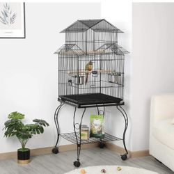 Budgie Cage 55-inch Rolling Standing Triple Roof Medium Parrot Cage Pet Bird Cage with Detachable Stand for Cockatiels Sun Parakeets Green-cheeked Con