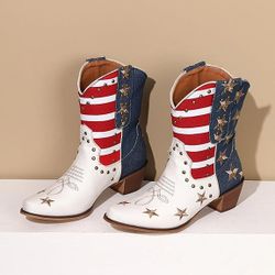 American Flag Western Boots Stars Stripes Embroidered Chunky Heel