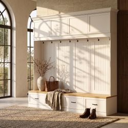 98.8-Inch Farmhouse Hall Tree with Bench, 4 Drawers, 4 Upper Cabinets and 8 Coat Hooks, Warm White Entryway Storage Cabinet - White