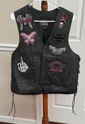 Womens Geniune Leather Vest with Customized Patches some Harley Davidson Size 44 just $50