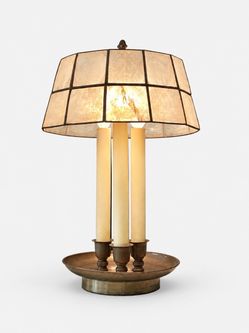 American Hollywood Regency Brass Three-Light Candelabra Table Lamp with Capiz Shell Shade, c.1970's - Delivery Available