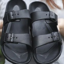 Double Buckle Strap EVA Slides, Women's Soldi Color Open Toe Flat Shoes, Indoor & Outdoor Beach Slide Sandals
