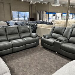 Grey Leather Reclining Sofa Set