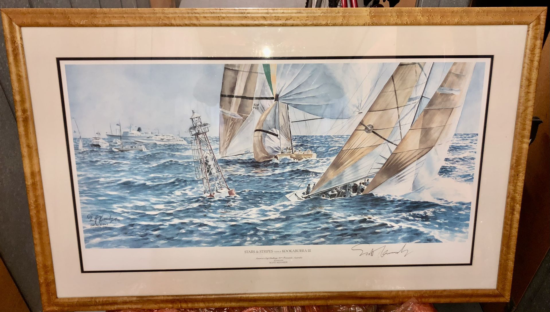 1987 Americas Cup Yacht Race - Leg To Glory America & Stripes vs Australian Kookaburra III Framed Print Signed By Scott Kennedy 