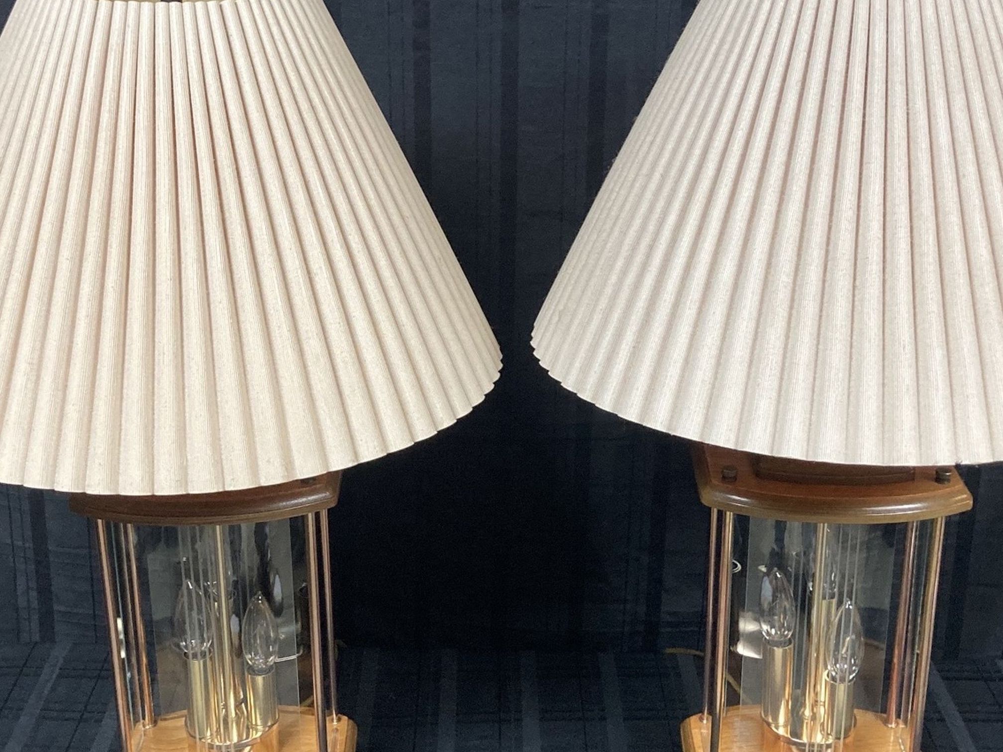 Table Lamp Set Vintage 80’s Etched Glass & Oak (3 Light Select Modes) with Shades