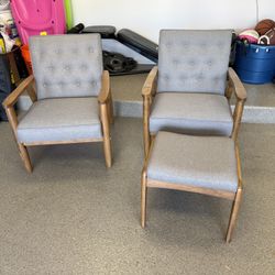 Two Baxton Studio Sorrento Mid-Century Retro Modern Fabric Upholstered Wooden Lounge Chair, Grey And Footstool