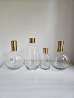 Set Of Four Decorative Hand Made Glass Vases With Gold Neck