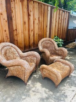 Pottery Barn Malabar Wicker Rattan Chairs & Ottoman Set - 3 Pieces