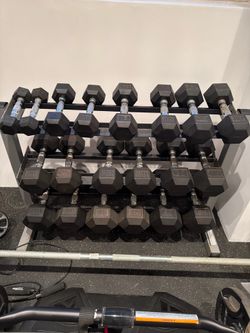 Complete 5-50lb Rubber Hex Dumbbell Set with 3-Tier Heavy Duty Rack (550 lbs total)