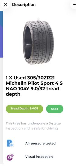 Used 305 30 21 Michelin Pilot Sport 4 S NAO 104Y 9.0/32 tread depth
