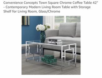 Town Square Chrome Coffee Table 42" - Contemporary Modern Living Room Table with Storage Shelf for Living Room, Glass/Chrome