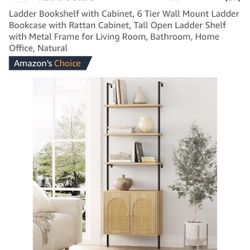 Brand new in the box ladder shelf with metal frame and rattan cabinet