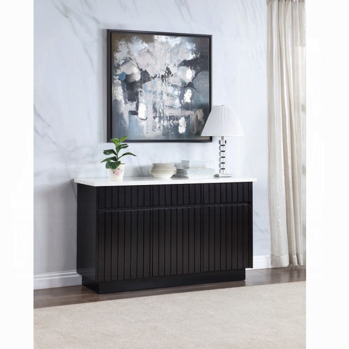 ✅Server Console Table Cabinet Storage Wine Marble Top Black Finish