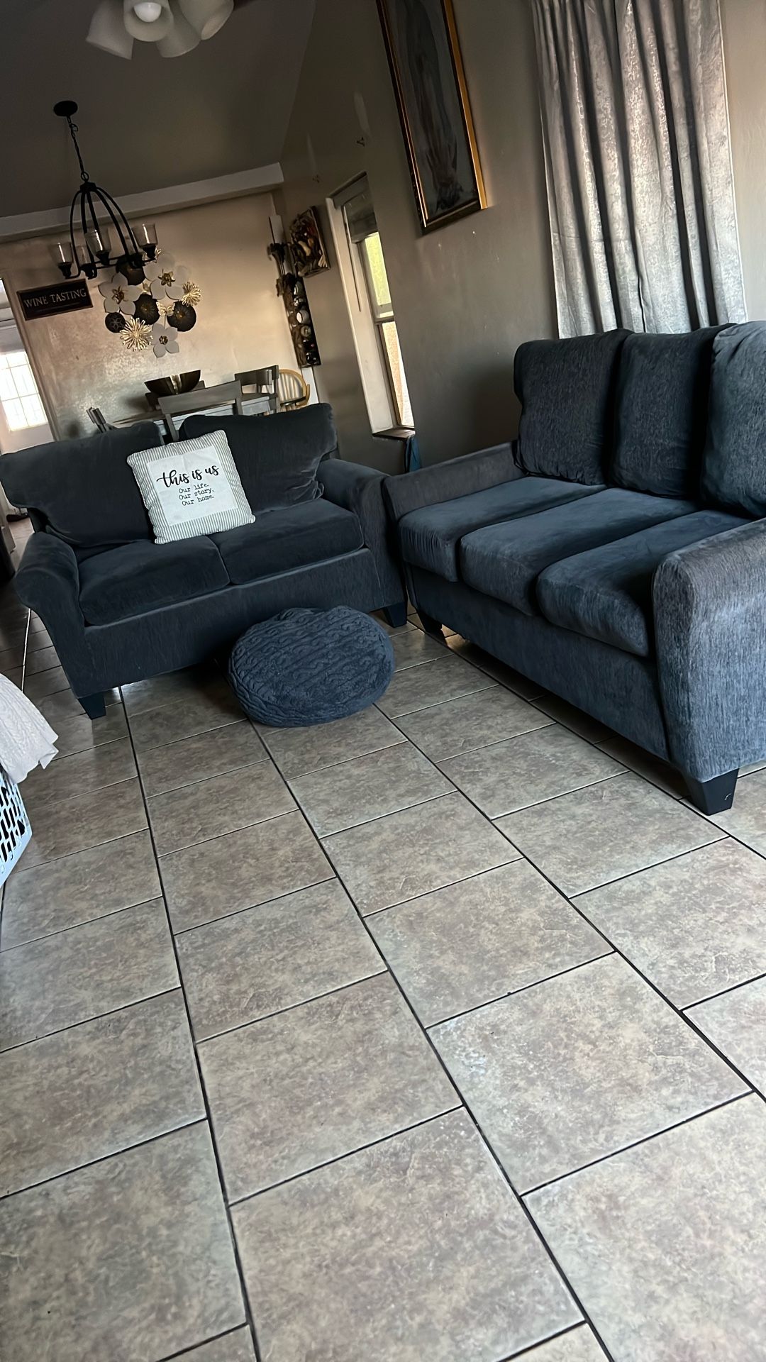 Charcoal, gray couch, and loveseat