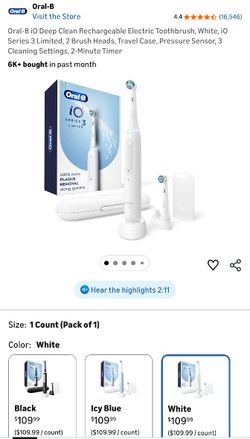 Oral-B iO Deep Clean Rechargeable Electric Toothbrush, White, iO Series 3 Limited, 2 Brush Heads, Travel Case, Pressure Sensor, 3 Cleaning Settings, 2