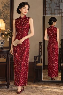 Vintage Chinese Qipao Cheongsam Dress – Burgundy Red & Gold Bird Brocade Size S