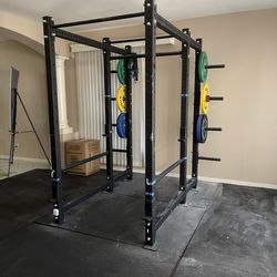 Rogue Monster Power Rack, Bumper Plates, Bars, And Mats