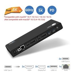 USB Type C Dual 4K Docking Station with 60W PD - Dual 4K@60Hz or Single 5K@60Hz Monitor Laptop Dock - 2 HDMI 2 DisplayPort, 4 USB 3.0 Power Delivery