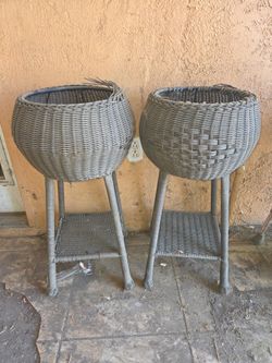 Pair of Gray Wicker Plant Stands