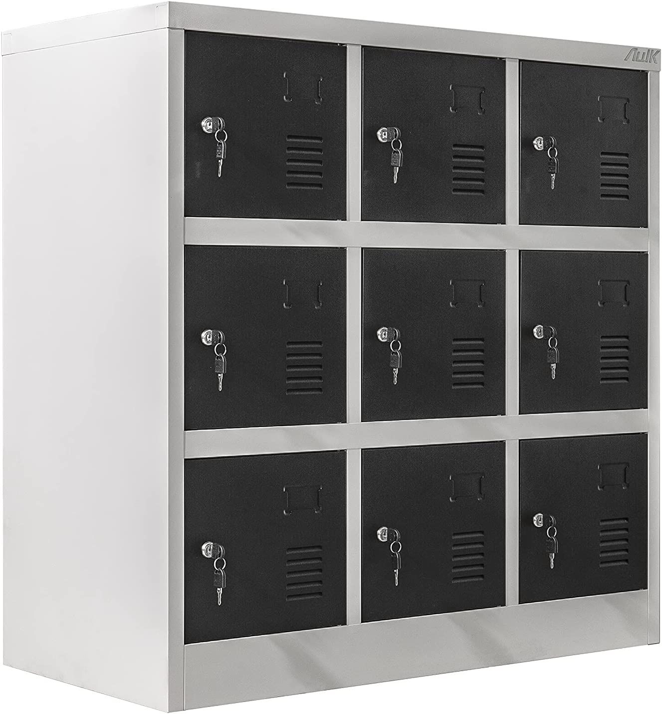 Metal Locker Storage Cabinet with 9 Doors, 36‘’H Cabinet Organizer for School, Gym, Home and Office (Black Door) - Assembly Required
