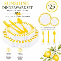 150pcs Disposable White and Yellow Striped Party Dinnerware set
