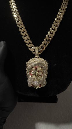 14K Gold Cuban Chain with Iced Out Jesus Piece Pendant