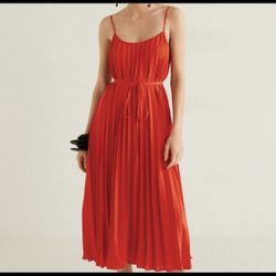 Sam Edelman Hammered Satin Plissé Dress Red/Coral Tie Waist Pleated