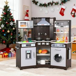 Wooden Kids Corner Play Kitchen, Toodler Kitchen Playset Pretend Cooking Toy with 9 Accessories