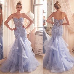 New With Tags Tiered Mermaid Gown With Corset Bodice & Embellishments $319