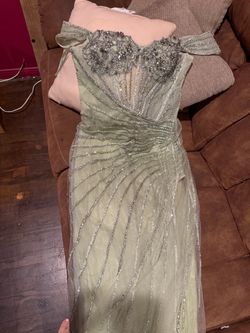 Sage Green Beaded Off-Shoulder Formal Gown