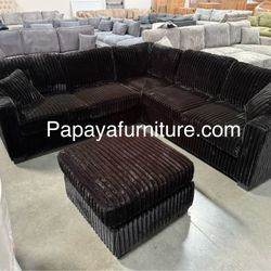New! Black Couch, Plush Sectional, Black Sectional And Ottoman, Corduroy Sectional, Black Corduroy Couch, Sofa, Sectionals, Fluffy Sofa And Ottoman,