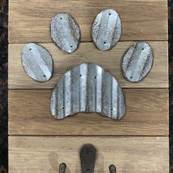 Galvanized Metal and Wood Dog Paw Print Wall Hook Home Decor 8" x 6.5"