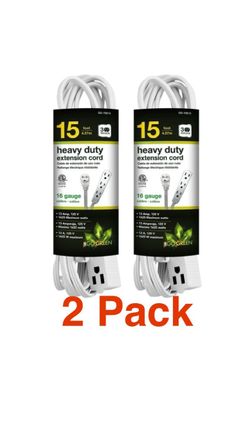 15ft 16/3 Pack of 2 Extension Cords 3-Outlets, Heavy Duty, GoGreen Power Inc (GG-19615) 15 ft  White