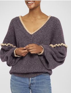 Joie Bodie V-Neck Sweater Women SZ L Black Plum Purple Ruffled Cotton Blend NWOT