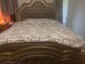 Ornate Gold Tufted Upholstered Bed Frame